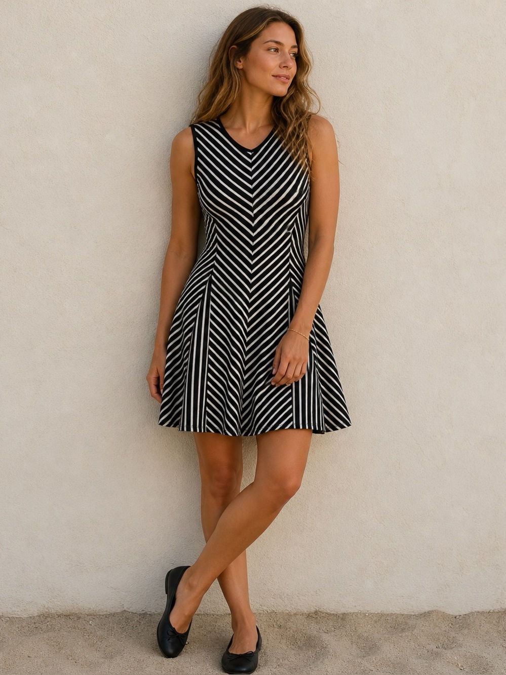 Monteau Los Angeles Black White Striped Fit & Flare Dress S
